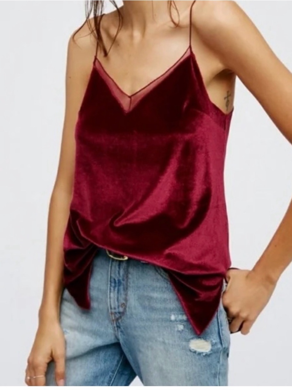 Free People Velvet V-Neck Camisole in bright Burgundy size MEDIUM